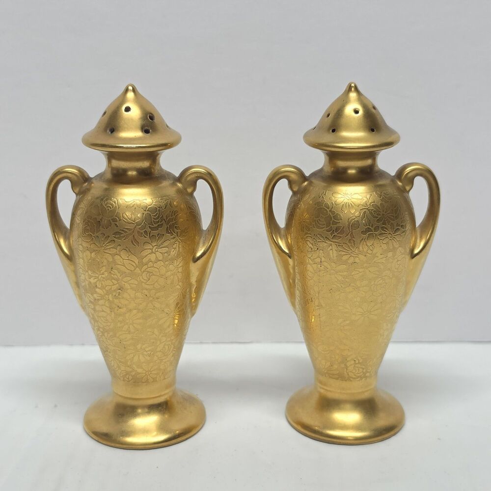 Vintage 50s Stouffer 24 Kt Gold Plated Salt/Pepper Shaker ROSE DAISY w Handles - Picture 1 of 9